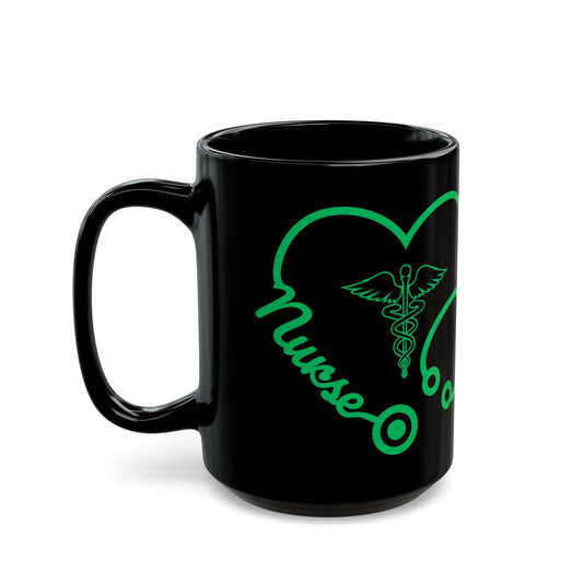 Nurse Heart Stethoscope, Green - Black Mug (15oz)