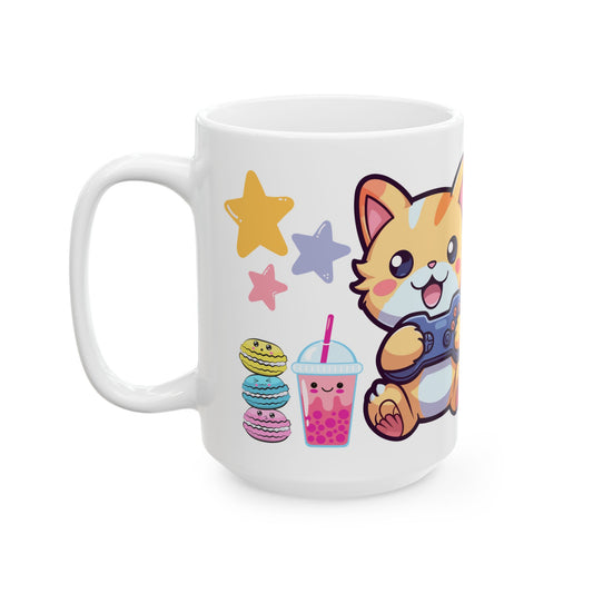 Kawaii Gaming Kitty - Ceramic Mug, (15oz)