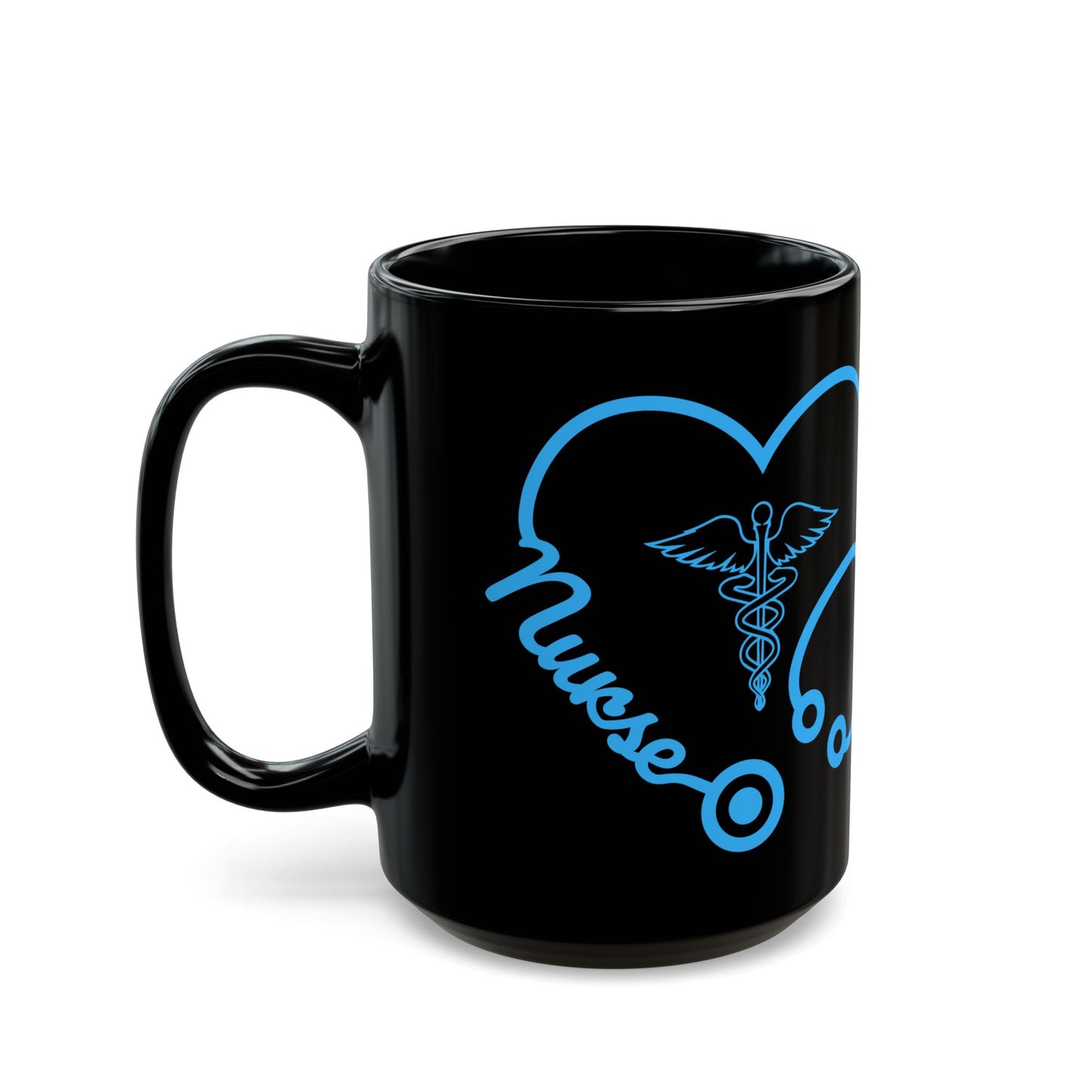 Nurse Heart Stethoscope, Blue - Black Mug (15oz)