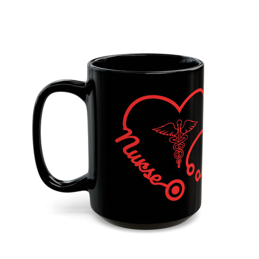 Nurse Heart Stethoscope, Red - Black Mug (15oz)