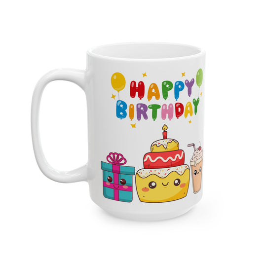 Kawaii Happy Birthday - Ceramic Mug, (15oz)