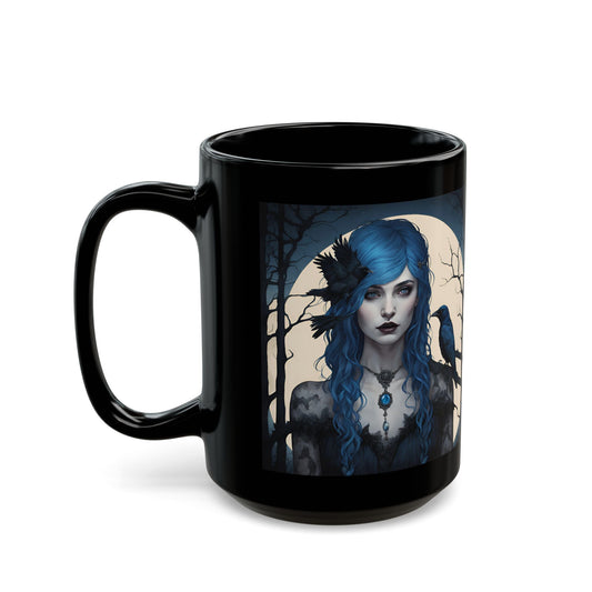 Blue Gothic Girl with Crows - Ceramic Black Mug (15oz)