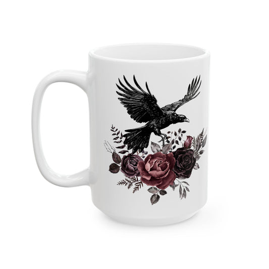 Crow and Roses - Ceramic Mug, (15oz)