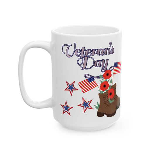 Veteran's Day with Military Boot and Poppies - Ceramic Mug, (15oz)