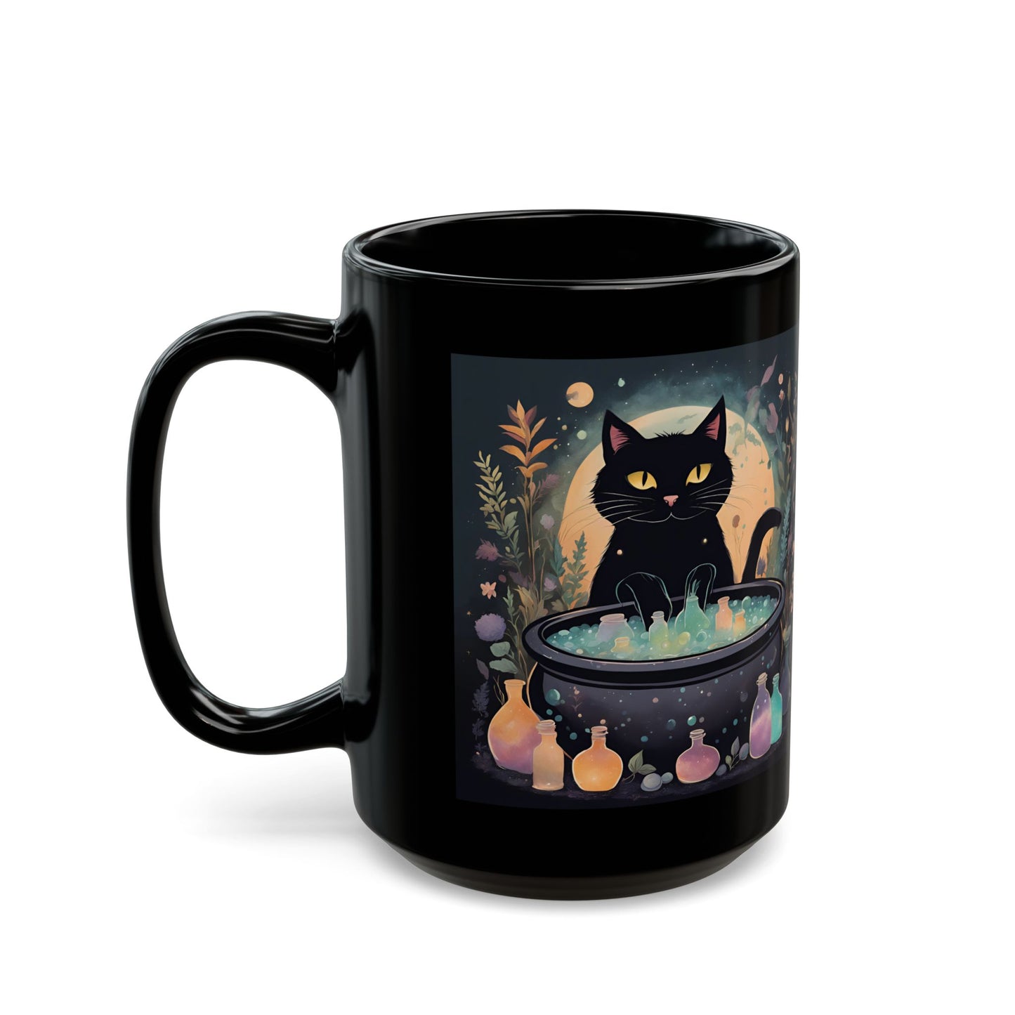 Black Cat with a Cauldron - Black Mug (15oz)