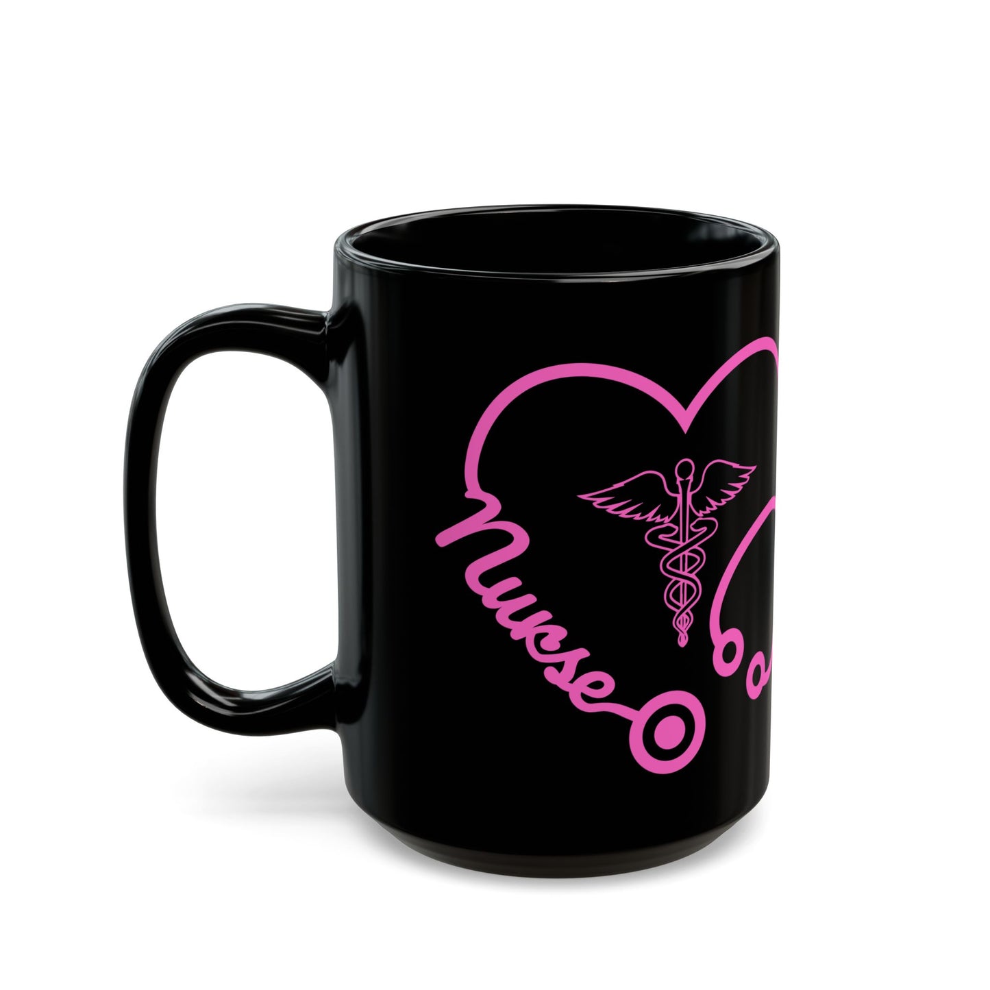 Nurse Heart Stethoscope, Pink - Black Mug (15oz)